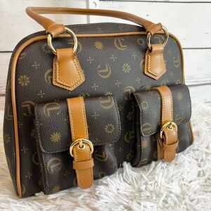 America Brown Women's Satchel Tote Bag with Tan Accents & Front Buckled Pockets